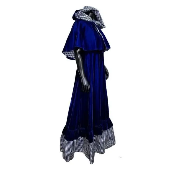 Vintage 70s 80s Union Made Blue Velveteen Maxi Dress Hooded Mantle Set Gingham